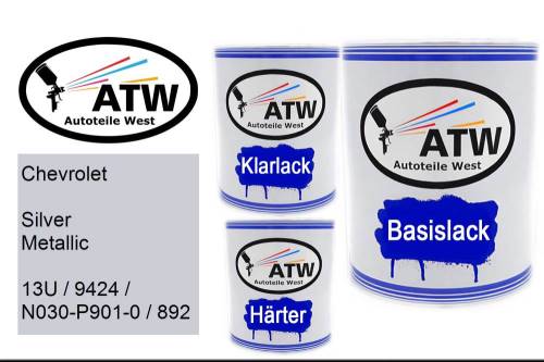 Chevrolet, Silver Metallic, 13U / 9424 / N030-P901-0 / 892: 1L Lackdose + 1L Klarlack + 500ml Härter - Set, von ATW Autoteile West.